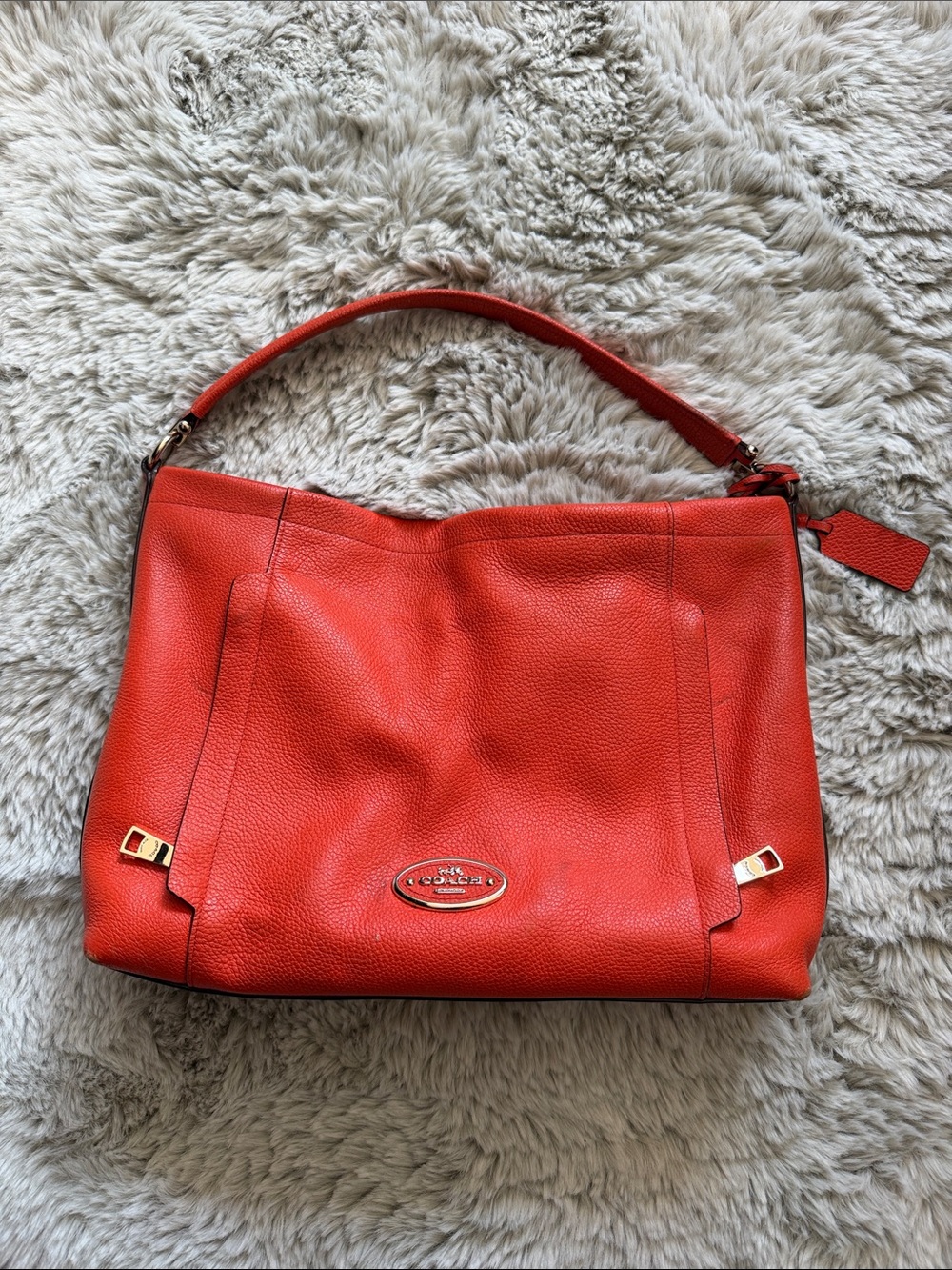 Coach Pebbled Leather Shoulder Bag in Coral-Orange with Gold Hardware